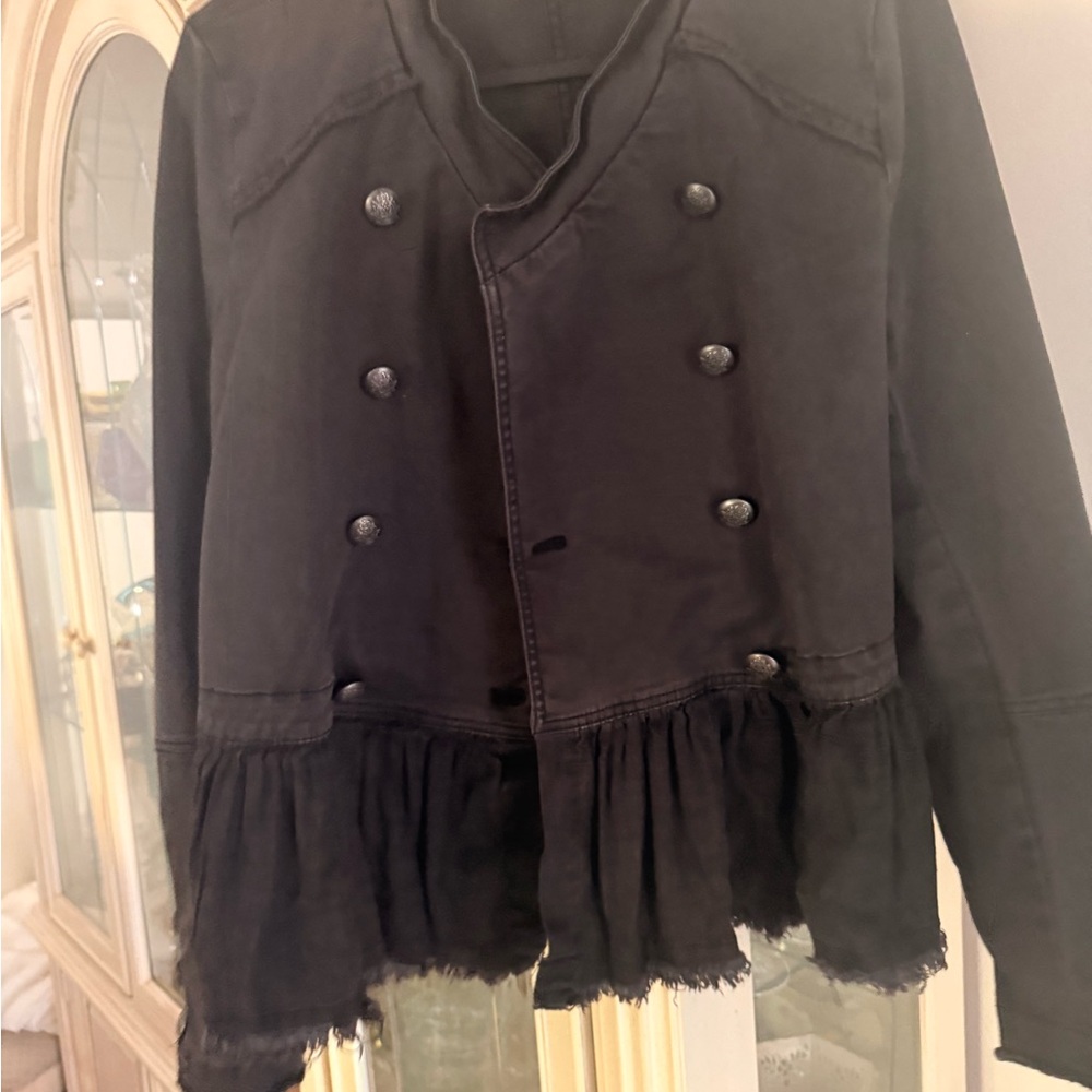 Free People ruffled peplum denim jacket size Large medium black - Picture 2 of 12